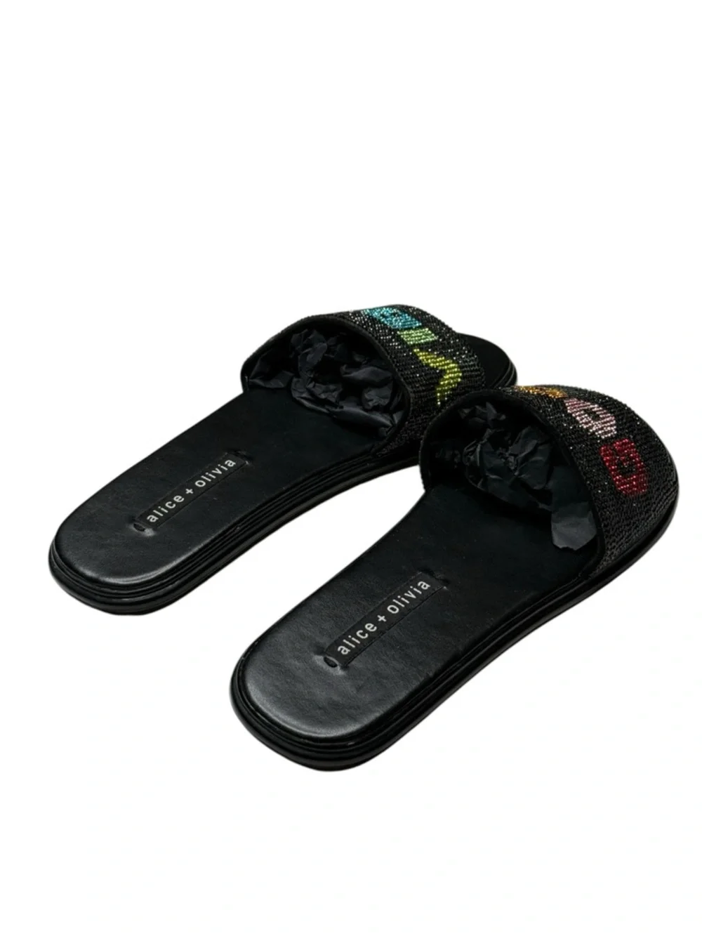 HTF: Alice + Olivia 𖦹 Tatum Good Vibes Slide Crystal Sandals 𖦹 Black 𖦹 7.5M 𖦹 - Picture 3 of 16